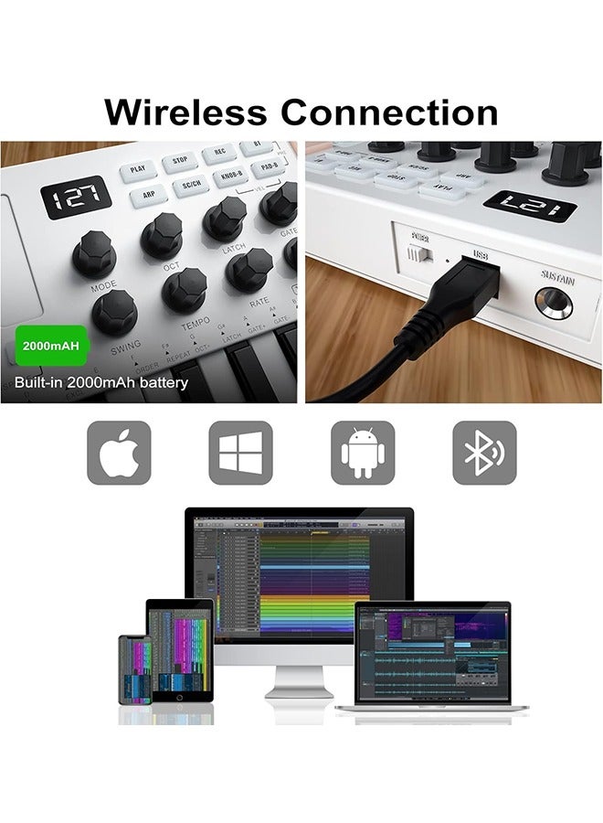 ام- فيفي M-WAVE لوحة مفاتيح MIDI تحكم USB بـ 25 مفتاح مع 8 وسادات طبول مضاءة، بلوتوث، لوحة مفاتيح ديناميكية شبه الوزن الاحترافي، 8 مقبضات، وتضمين برمجيات إنتاج الموسيقى (أبيض) - Image 5