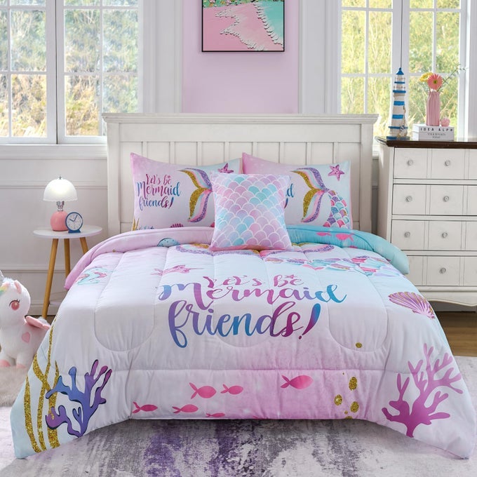 TWIN SIZE COMFORTER SET FOR GIRLS 5PIECE BED IN A BAG 3D COLORFUL MERMAID BEDDING COMFORTER SHEET SET ULTRA SOFT AND FLUFFY MERMAID