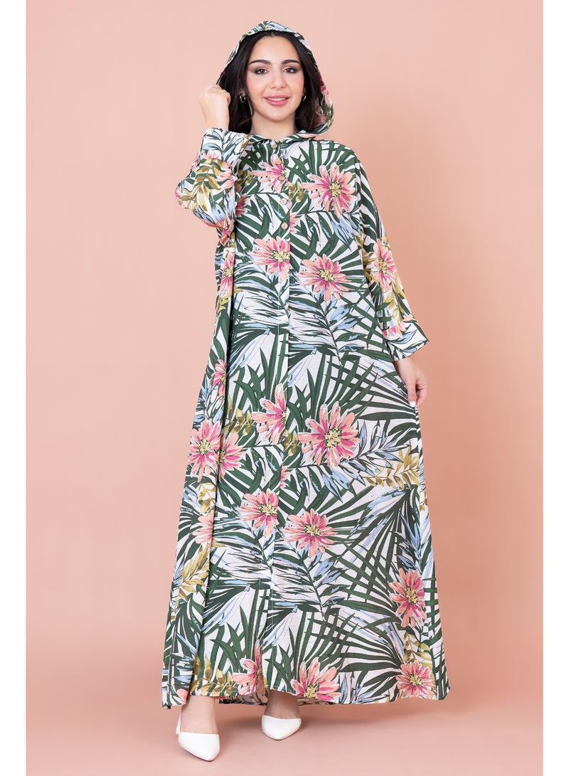 اكسا جلابية منقوشة زهور بقبعة - Image 1