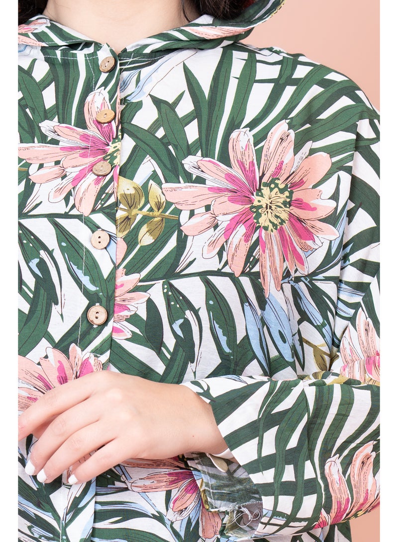 اكسا جلابية منقوشة زهور بقبعة - Image 4