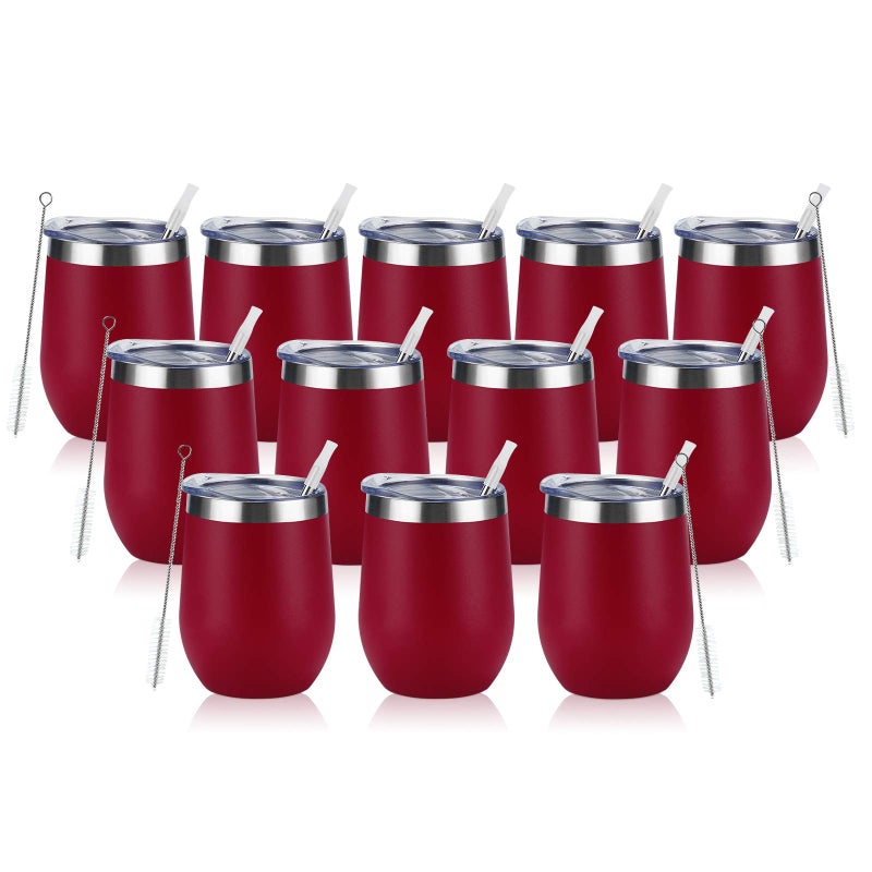 12 Pack Stainless Steel Wine Tumblers 12Oz Double Wall Vacuum Insulated Wine Tumblers with Lids and Straws Stainless Steel Stemless Wine Glasses for Coffee Wine Cocktails Champaign Wine Red