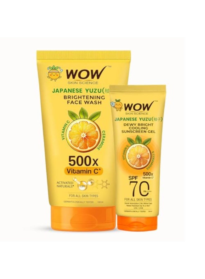 WOW Skin Science Japanese Yuzu Brightening Face Wash 150ml + Yuzu SPF 70 PA++++ Dewy Bright Sunscreen Gel 50ml | Vitamin C Glow, Gentle Cleansing & High Sun Protection Combo - Image 1