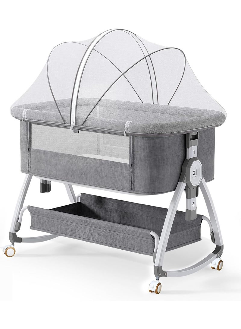 NNEWVANTE 4 in 1 Baby Bassinet & Bedside Sleeper with Soft Mattress, Ultra-Breathable & Washable, Removable Mosquito Net, 6 Height Adjustable, Rocking Mode, Storage Basket, Wheels, Easy Assemble & Folding - Image 1