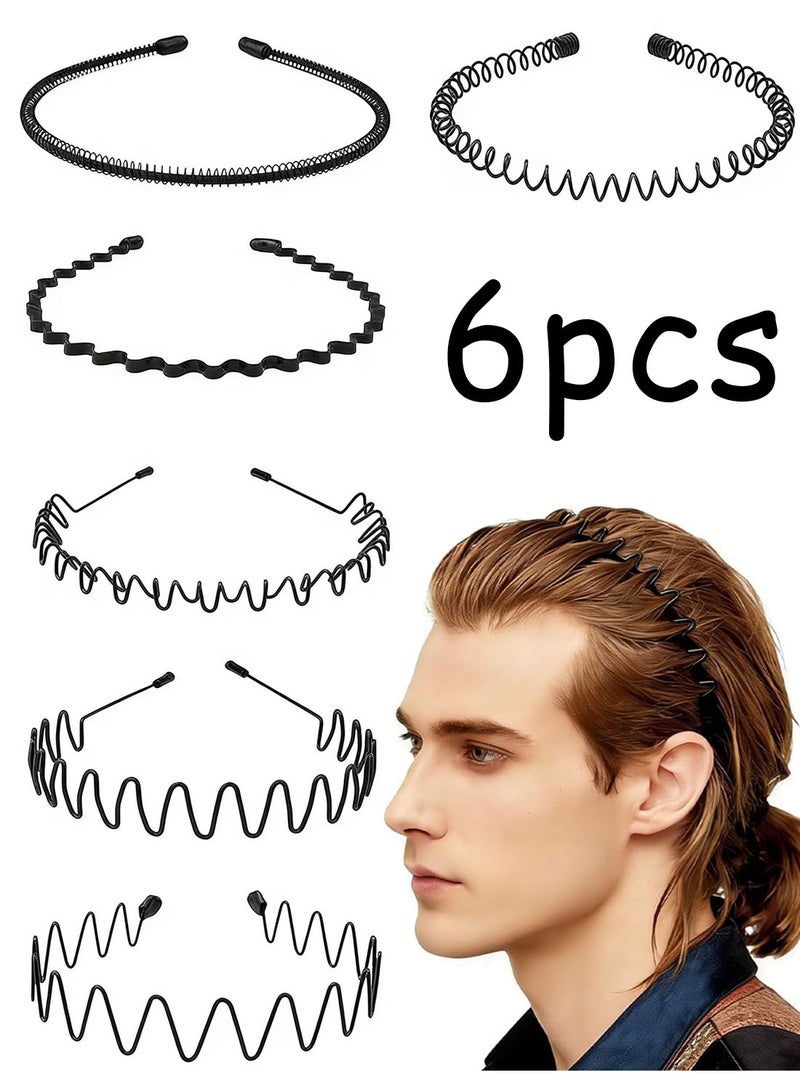 6 Pieces Metal Headbands Wavy Hairband Spring Hair Hoop Sports Fashion Hair Bands Unisex Black Elastic Non Slip Simple Headwear Accessories - Image 1