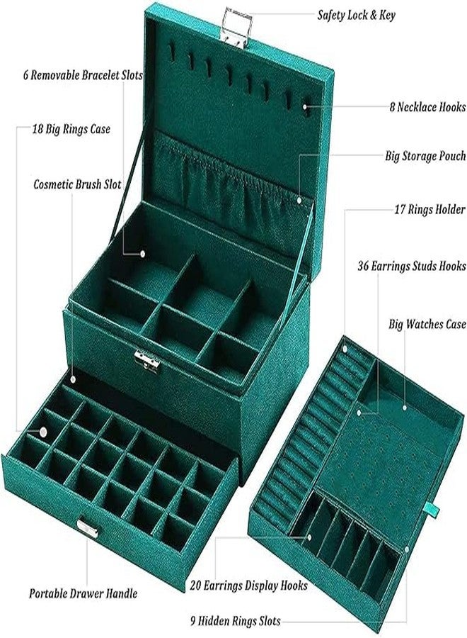 FEBLICH Jewelry Box Organizer For Women Girls, 3 Layers Big Jewelry Earrings Organizer Box With Lock Drawer Women Jewelry Display Holder Storage For Earrings Bracelets Necklace Watches (Green) - Image 5