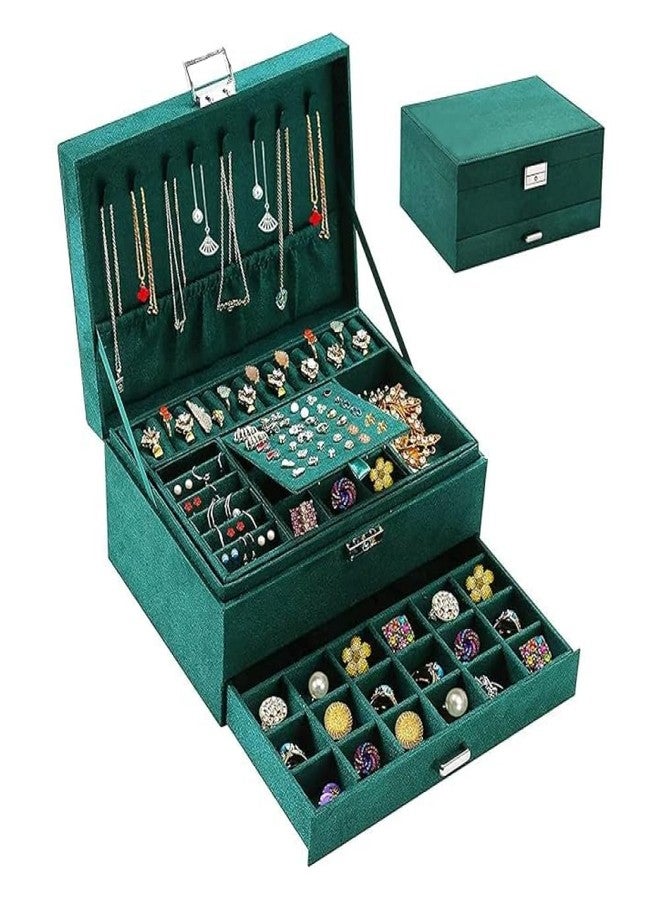 FEBLICH Jewelry Box Organizer For Women Girls, 3 Layers Big Jewelry Earrings Organizer Box With Lock Drawer Women Jewelry Display Holder Storage For Earrings Bracelets Necklace Watches (Green) - Image 1