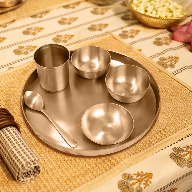 Ekhasa Certified Bronze Utensils | 100% Pure Kansa Thali Set of 6 Pieces | Pure Bronze Thali Plate with 2 Bowls, Halwa Plate, Glass & Spoon | Kanse Ki Thali (11 inch Thali, Weight: 1480 gram) - Image 1
