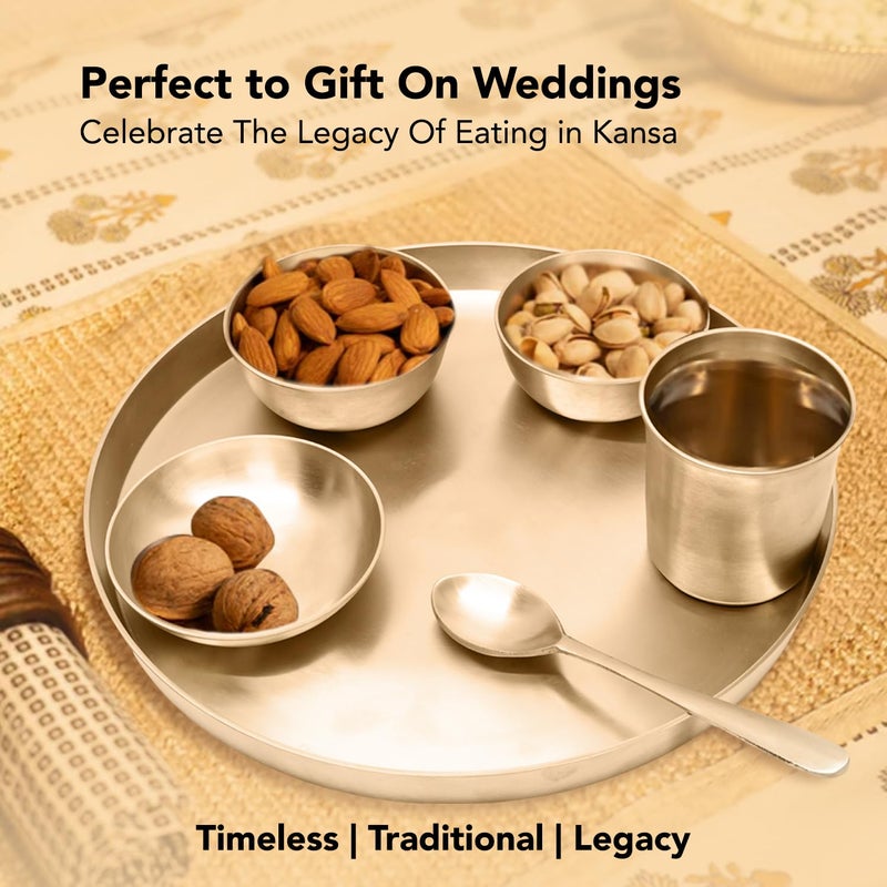 Ekhasa Certified Bronze Utensils | 100% Pure Kansa Thali Set of 6 Pieces | Pure Bronze Thali Plate with 2 Bowls, Halwa Plate, Glass & Spoon | Kanse Ki Thali (11 inch Thali, Weight: 1480 gram) - Image 2