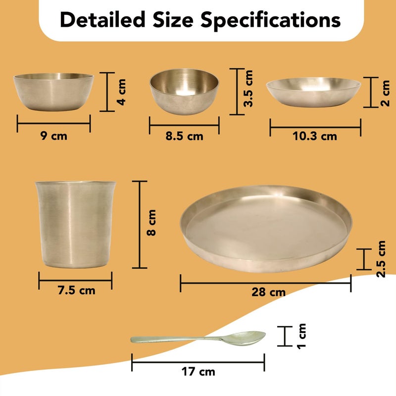 Ekhasa Certified Bronze Utensils | 100% Pure Kansa Thali Set of 6 Pieces | Pure Bronze Thali Plate with 2 Bowls, Halwa Plate, Glass & Spoon | Kanse Ki Thali (11 inch Thali, Weight: 1480 gram) - Image 3