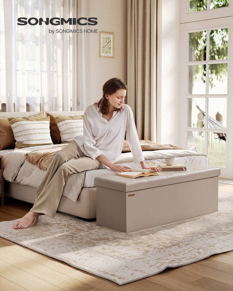 SONGMICS Mazie Collection 43-Inch Folding Storage Ottoman Bench - Synthetic Leather, Beige