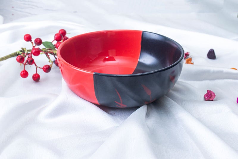 Caffeine Ceramic Handmade Half Red & Black Bamboo Serving Bowl 6.5 inch (Set of 1) - Image 1