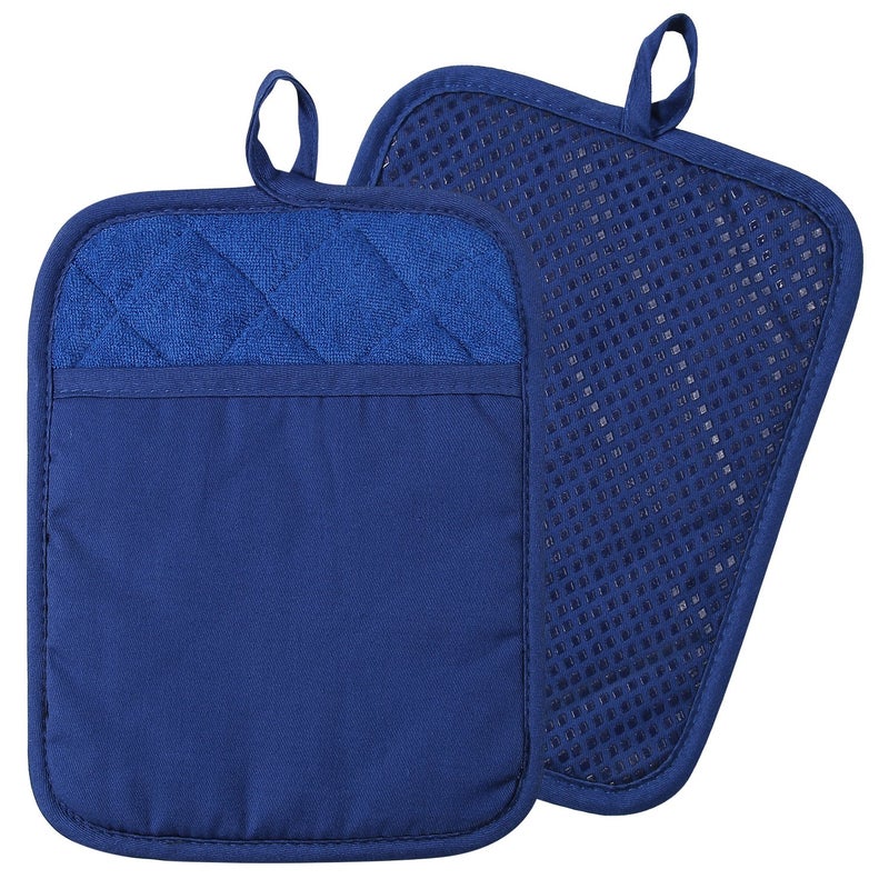 Lifaith 100 Cotton with Silicone Kitchen Everyday Basic Pot Holder Heat Resistant Coaster Potholder Oven Mitts with Pocket for Cooking and Baking Set of 2 Blue