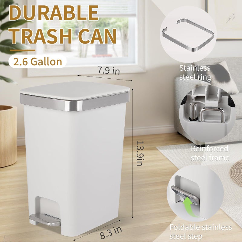 UUJOLY Small Bathroom Trash Can with Lid and 3 Rolls Trash Bags, Step Pedal Wastebasket Plastic Garbage Can with Pop-Up Lid 2.6 Gallon Bin for Kitchen, Bedroom, Office, Dorm, Laundry, Toilet, Rv, White - Image 2