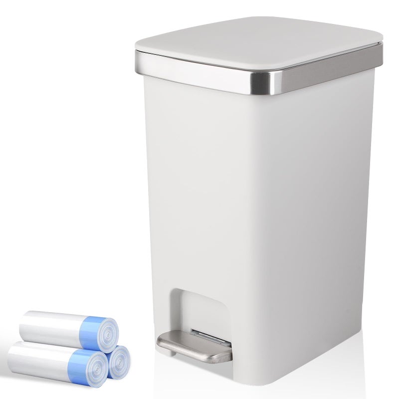 UUJOLY Small Bathroom Trash Can with Lid and 3 Rolls Trash Bags, Step Pedal Wastebasket Plastic Garbage Can with Pop-Up Lid 2.6 Gallon Bin for Kitchen, Bedroom, Office, Dorm, Laundry, Toilet, Rv, White - Image 1