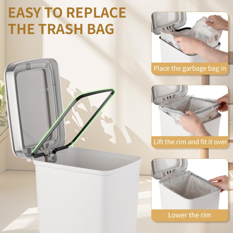 UUJOLY Small Bathroom Trash Can with Lid and 3 Rolls Trash Bags, Step Pedal Wastebasket Plastic Garbage Can with Pop-Up Lid 2.6 Gallon Bin for Kitchen, Bedroom, Office, Dorm, Laundry, Toilet, Rv, White - Image 4