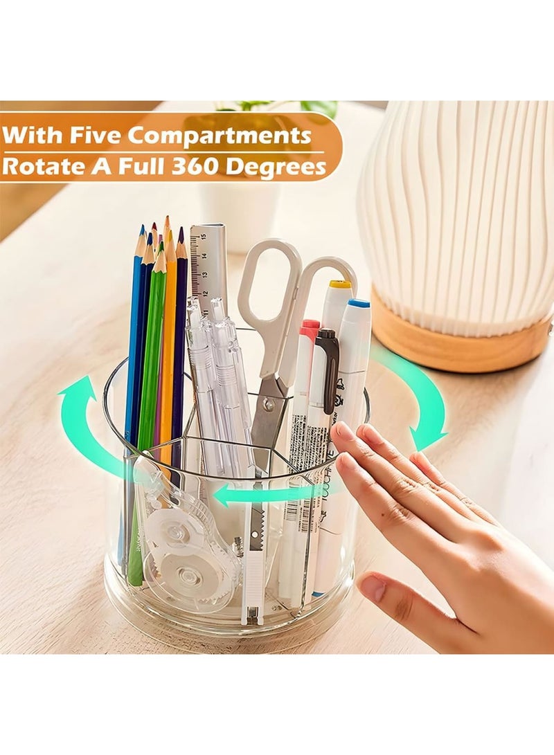 SYOSI 360 Degree Rotating Desk Organizer, Dual-Purpose Pencil & Pen Holder with 5 Compartments, Rotating Marker Caddy for Office, Home, and School Use (Clear) - Image 3