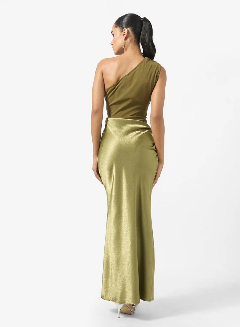 Ginger One Shoulder Drop Waist Satin Dress