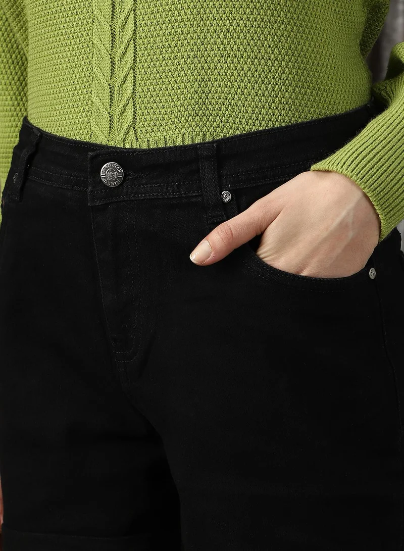 HIGH STAR Women's Black 100% Cotton Solid Cropped Shorts