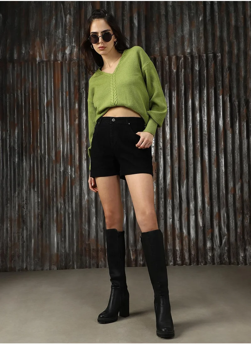 HIGH STAR Women's Black 100% Cotton Solid Cropped Shorts