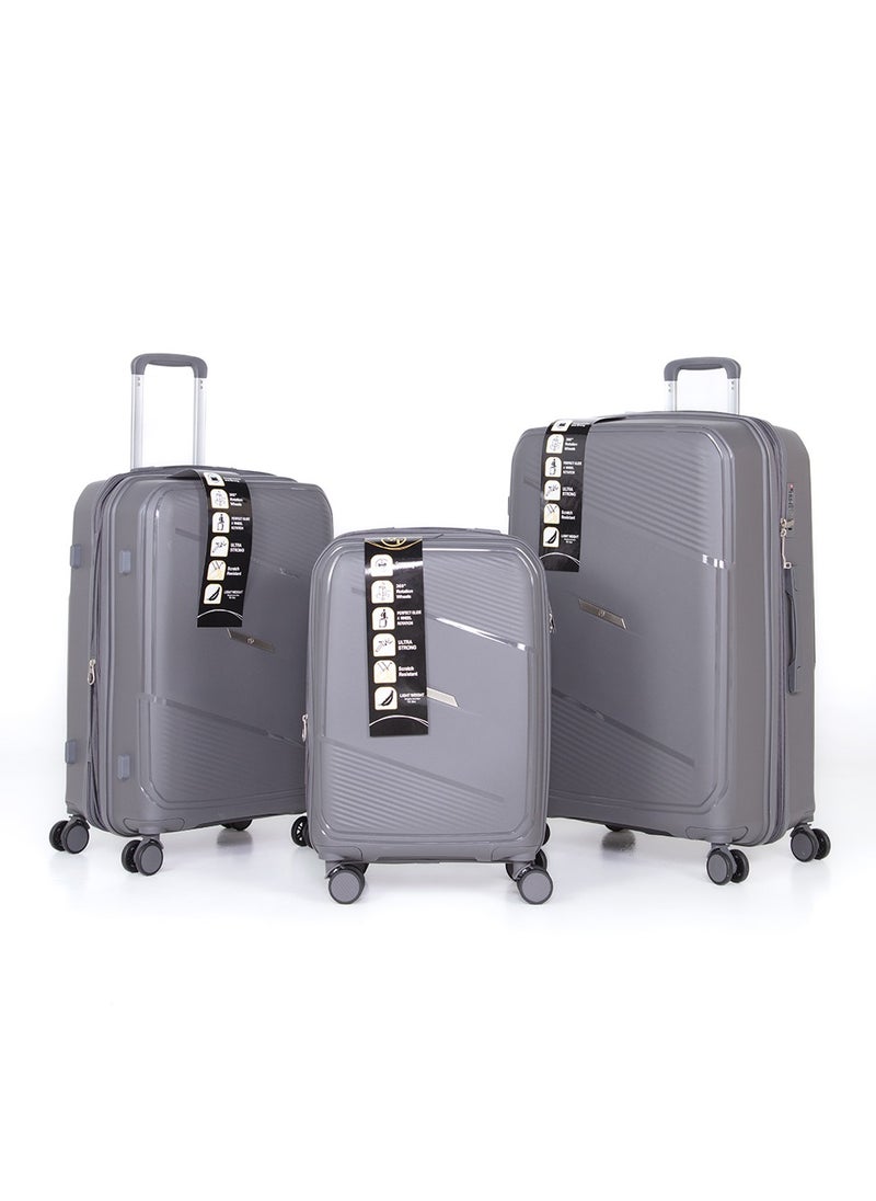 H.T H.T Luggage Bag Set of 3 Pcs, Hard Case Polypropylene (PP) Material, Matching Color Suitcase, 8x360 Degree Spinner Wheels, Expandable Trolley, Telescopic Handle, TSA Lock, SKU HT13405 - Grey  - Image 1