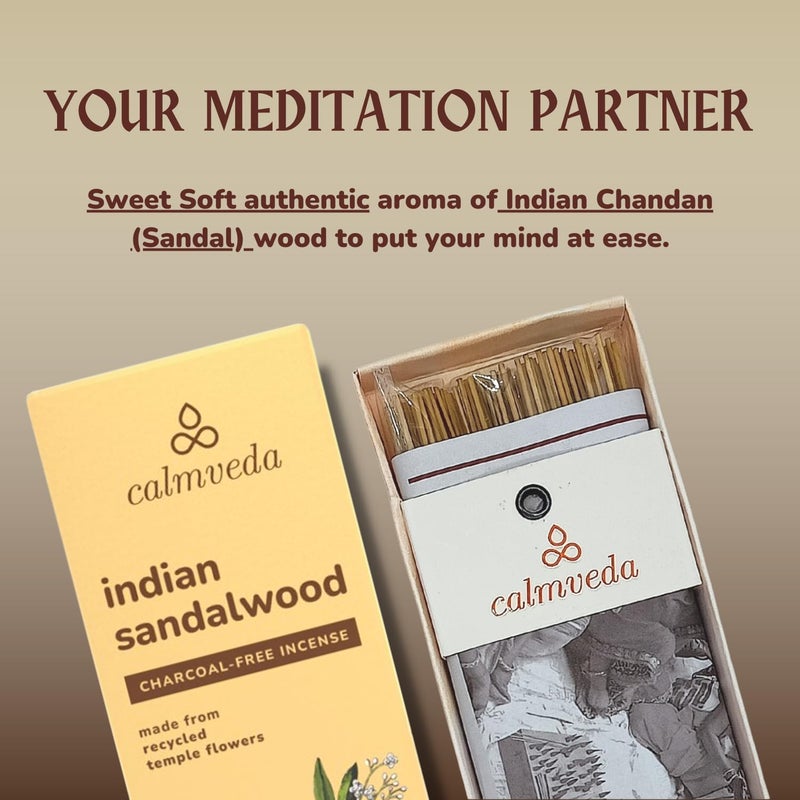 Calmveda Indian Sandalwood Incense Sticks - 80 Sticks, Charcoal Free, Upcycled Flowers, All Natural, Non Toxic, Meditation & Stress Relief - Image 3