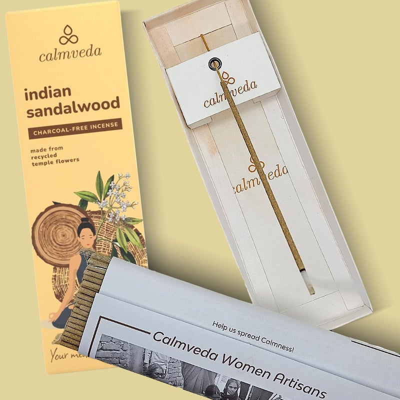 Calmveda Indian Sandalwood Incense Sticks - 80 Sticks, Charcoal Free, Upcycled Flowers, All Natural, Non Toxic, Meditation & Stress Relief - Image 4