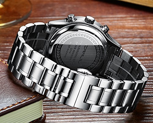 CRRJU Men's Watches Date Chronograph Wristwatches for Men,Multifunctional Stainsteel Steel Band Waterproof Watch Silver White - Image 5