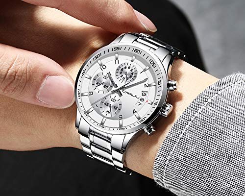 CRRJU Men's Watches Date Chronograph Wristwatches for Men,Multifunctional Stainsteel Steel Band Waterproof Watch Silver White - Image 4