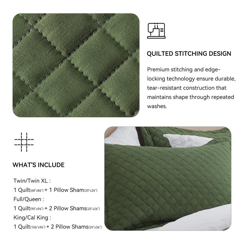 SunStyle Home King Quilt Bedding Set Olive Green, Lightweight Comforter Bedspread Blanket King Size Quilt, Luxury Durable Quilted Stitching Coverlet with 2 Pillow Shams Diamond All Seasons 3pcs - Image 5