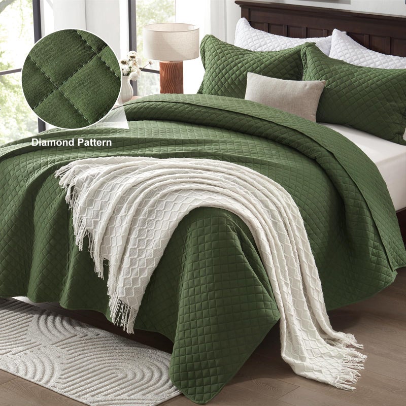 SunStyle Home King Quilt Bedding Set Olive Green, Lightweight Comforter Bedspread Blanket King Size Quilt, Luxury Durable Quilted Stitching Coverlet with 2 Pillow Shams Diamond All Seasons 3pcs - Image 2
