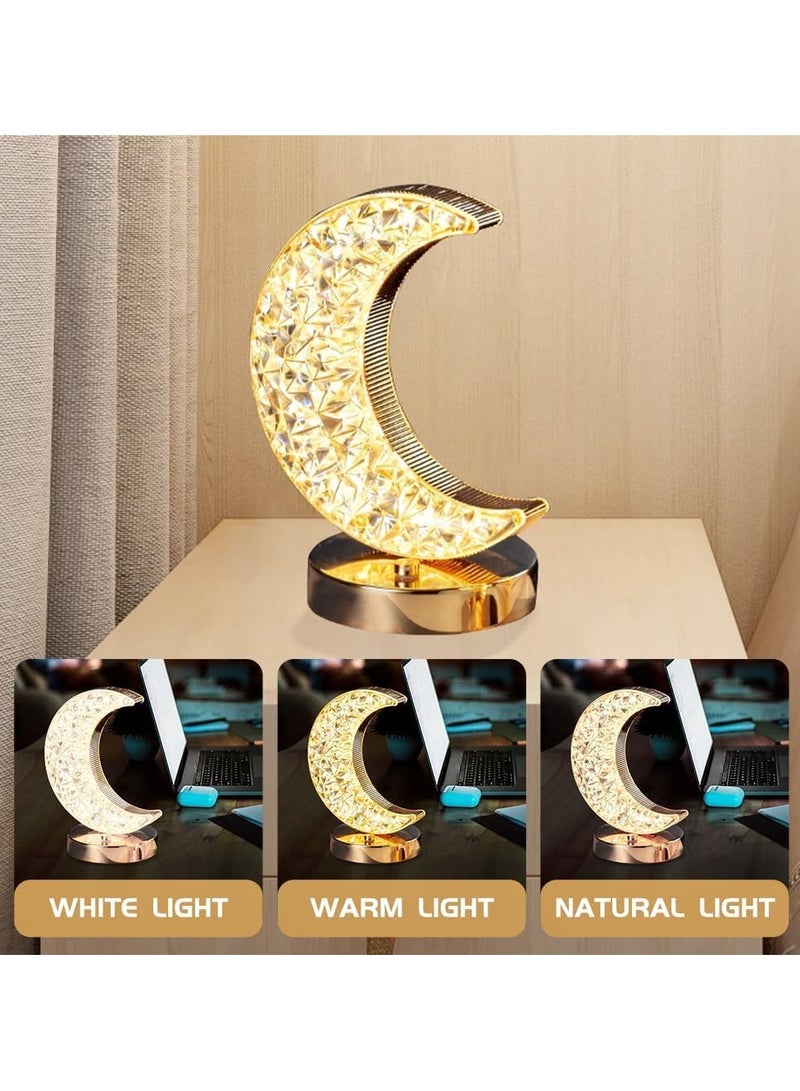 Eworld Ramadan Crescent Moon LED Table Lamp, Stepless Dimmable Touch Lamp with 3 Colors Crystal Moon Shape Table Lamp for Home Bedroom Living Room Table Decorations Rechargeable Night Light Ramadan & Eid Gift - Image 3