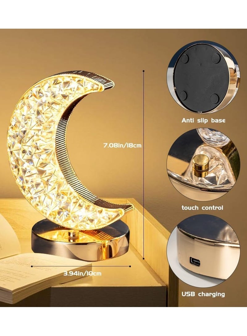 Eworld Ramadan Crescent Moon LED Table Lamp, Stepless Dimmable Touch Lamp with 3 Colors Crystal Moon Shape Table Lamp for Home Bedroom Living Room Table Decorations Rechargeable Night Light Ramadan & Eid Gift - Image 2