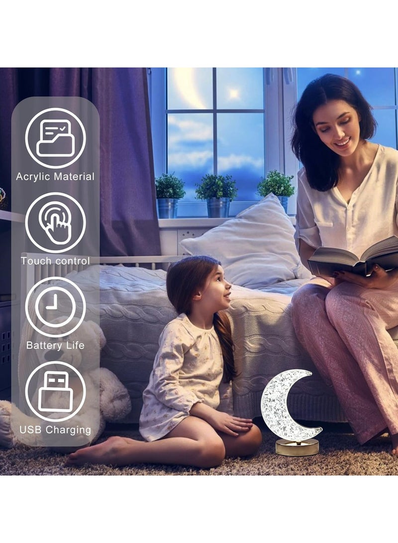 Eworld Ramadan Crescent Moon LED Table Lamp, Stepless Dimmable Touch Lamp with 3 Colors Crystal Moon Shape Table Lamp for Home Bedroom Living Room Table Decorations Rechargeable Night Light Ramadan & Eid Gift - Image 4