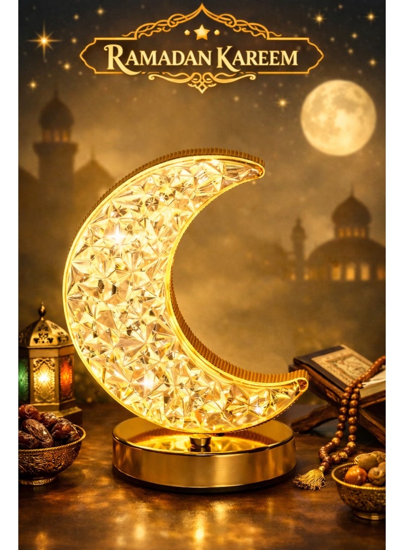 Eworld Ramadan Crescent Moon LED Table Lamp, Stepless Dimmable Touch Lamp with 3 Colors Crystal Moon Shape Table Lamp for Home Bedroom Living Room Table Decorations Rechargeable Night Light Ramadan & Eid Gift - Image 1
