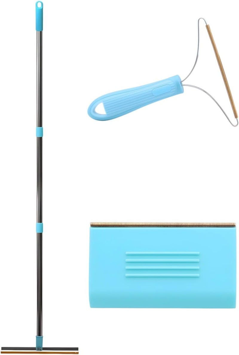 3 Pcs Pet Hair Removal Tool Set, Blue, for Carpet, Couch, Car Interior Detailing, Includes Silicone Scraper, Y-Shaped, Small Sized, Multifunctional Cat and Dog Brush - Image 1