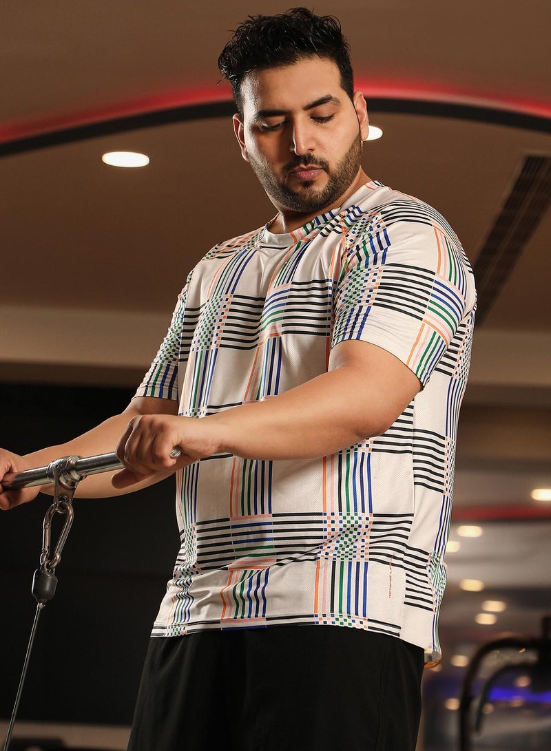 Instafab Plus Men's Ivory White Lines Activewear T-Shirt - Image 2