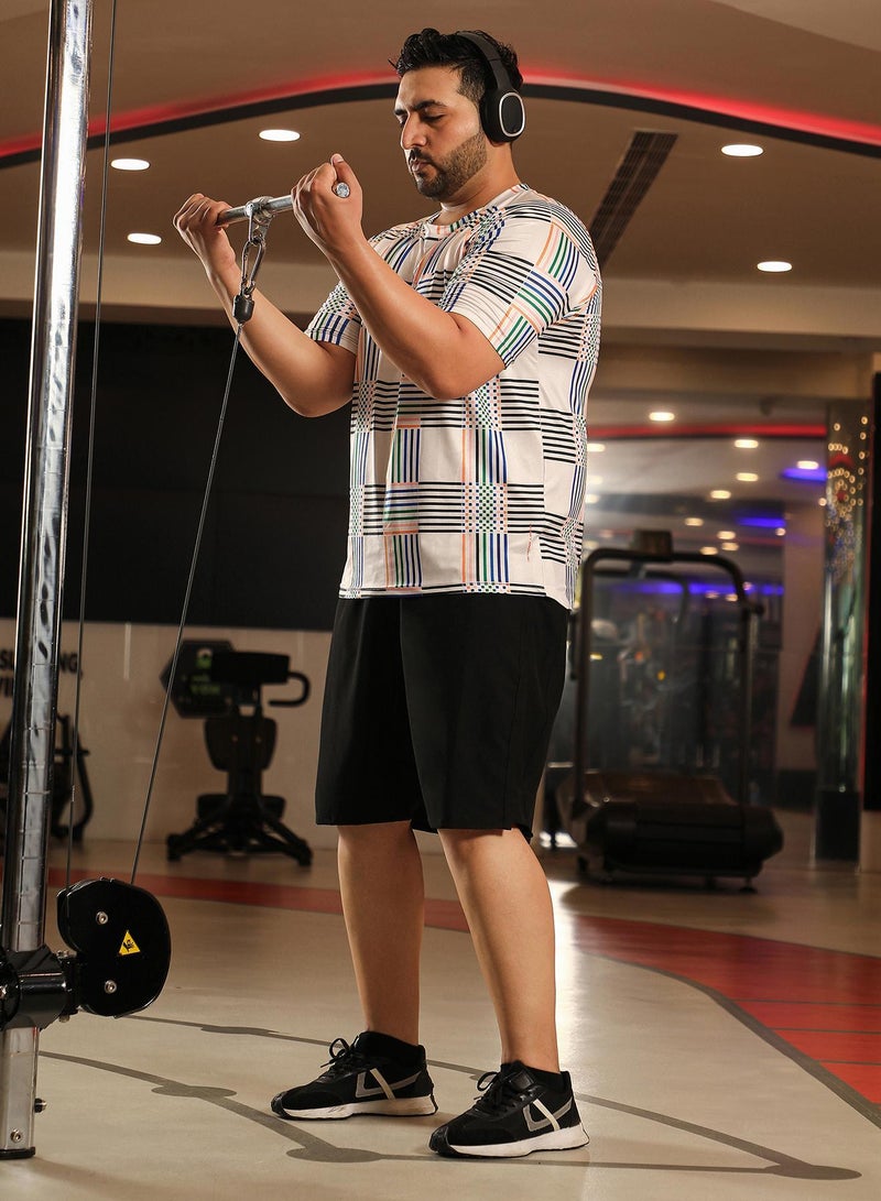 Instafab Plus Men's Ivory White Lines Activewear T-Shirt - Image 5