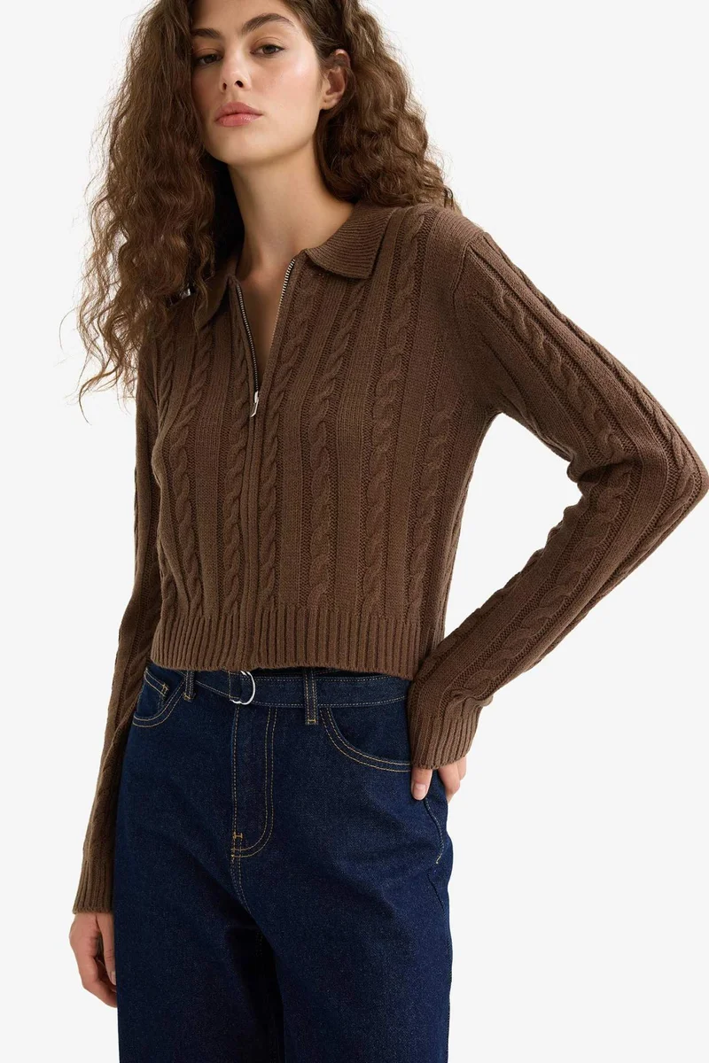Defacto  Regular Fit Polo Collar Zippered Knit Cardigan for Men | Best Price UAE