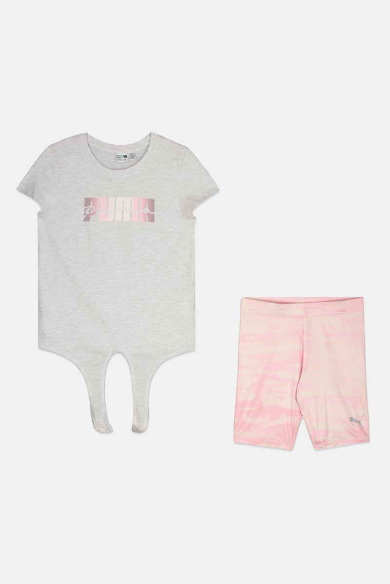 PUMA Kids Girl 2 Pieces Cap Sleeve Brand Logo T Shirt Pant Set, Grey - Image 1