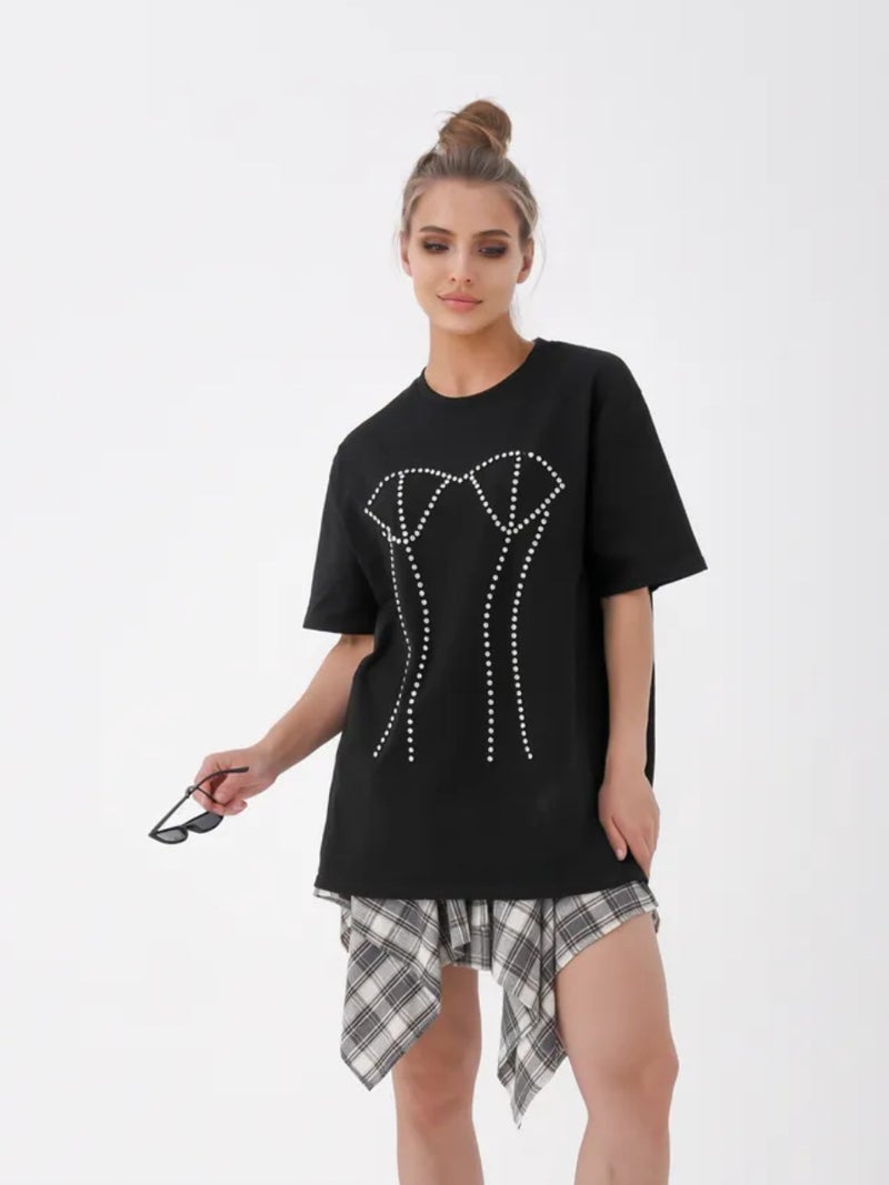 Style Sweet And Spicy Pure Desire Fashion Rhinestone Oversized Temperament Niche Pure Cotton Short-Sleeve T-Shirt - Image 1