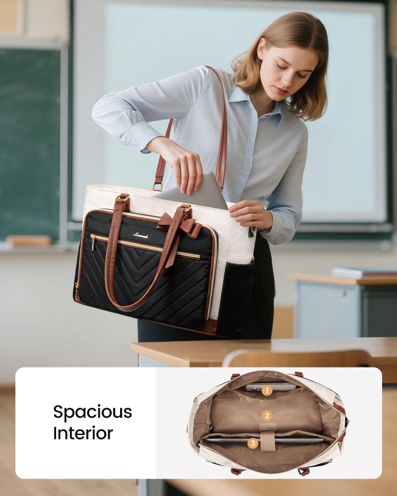 LOVEVOOK Lunch Bag, Tote Bag for Women with Insulated Lunch Compartment, Laptop Bag with Large Capacity & Cup Holder, Work Tote for Teacher, Nurse, Travel, College, Daily, Black-Beige-Brown, 15.6 Inch - Image 2