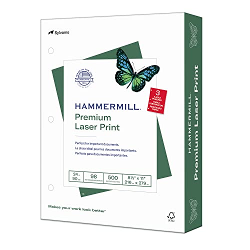 Hammermill Paper, Premium Laser Print Paper 8.5 x 11 Paper, Letter Size, 3 Hole, 24lb Paper, 98 Bright, 1 Ream / 500 Sheets (107681R) - Image 1