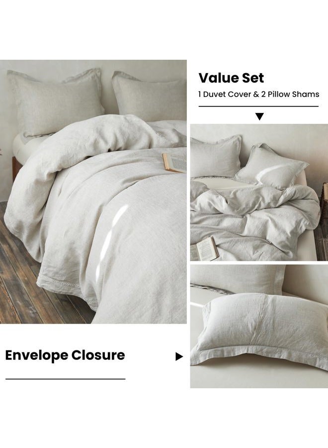 Simple&Opulence طقم غطاء لحاف من الكتان 100% مع تطريز متقاطع مغسول - 3 قطع (1 غطاء لحاف مع 2 غطاء وسادة) ناعم وقابل للتنفس - كتان، حجم كوين - Image 5