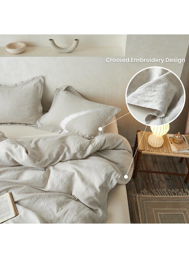 Simple&Opulence طقم غطاء لحاف من الكتان 100% مع تطريز متقاطع مغسول - 3 قطع (1 غطاء لحاف مع 2 غطاء وسادة) ناعم وقابل للتنفس - كتان، حجم كوين - Image 3