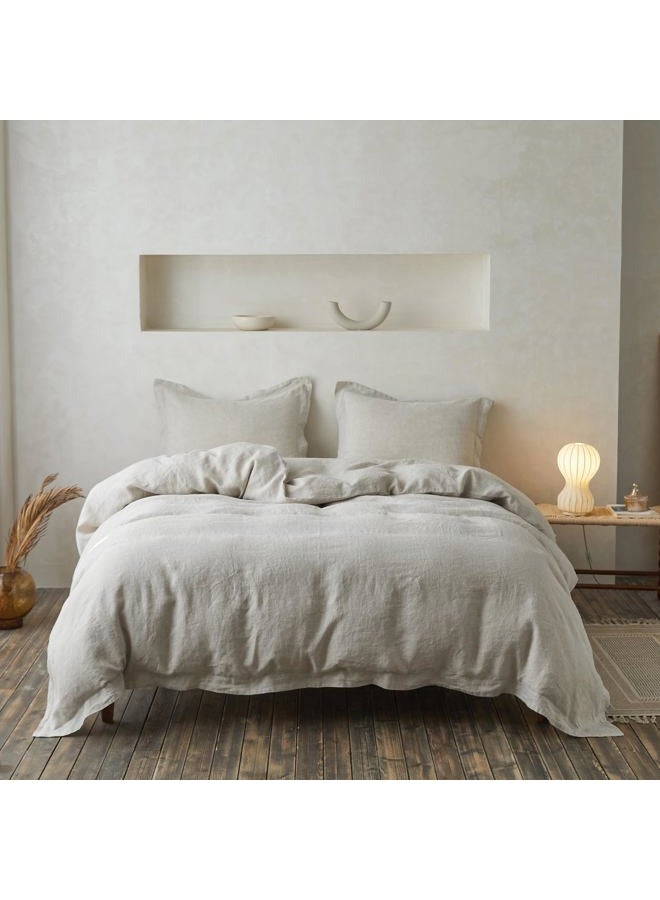 Simple&Opulence طقم غطاء لحاف من الكتان 100% مع تطريز متقاطع مغسول - 3 قطع (1 غطاء لحاف مع 2 غطاء وسادة) ناعم وقابل للتنفس - كتان، حجم كوين - Image 1