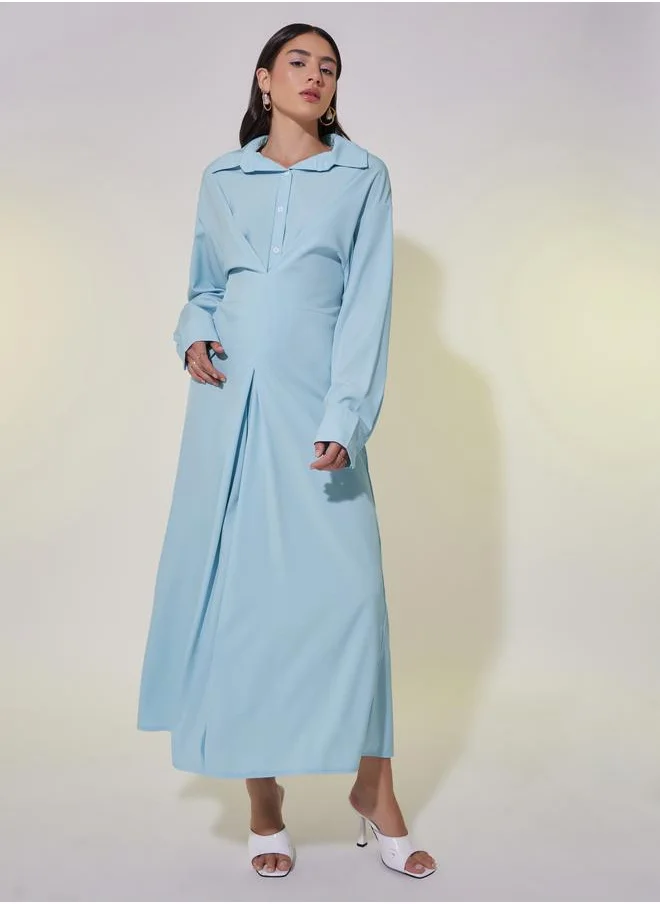 تايك تو Take Two Solid V-Neck Buttoned Shirt Maxi Dress