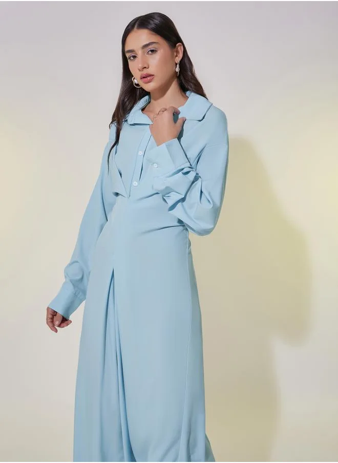 تايك تو Take Two Solid V-Neck Buttoned Shirt Maxi Dress