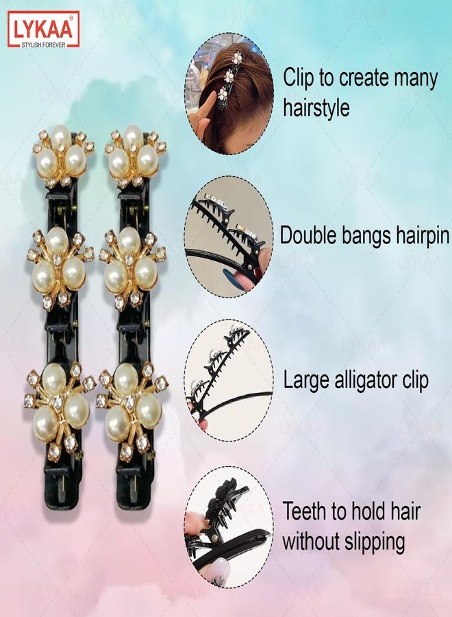 LYKAA 2 Pcs Stylish Pearl and Rhinestone Medium Size Hair Clips, Braid Duckbill Hair Clips Styling Hairpins Barrettes Hair Accessories for Girl & Womens Crystal Stone & Pearl Double Layers (Pack of 2, Black) - Image 4