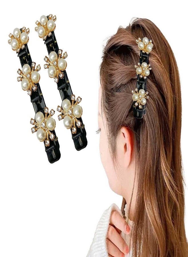 LYKAA 2 Pcs Stylish Pearl and Rhinestone Medium Size Hair Clips, Braid Duckbill Hair Clips Styling Hairpins Barrettes Hair Accessories for Girl & Womens Crystal Stone & Pearl Double Layers (Pack of 2, Black) - Image 1