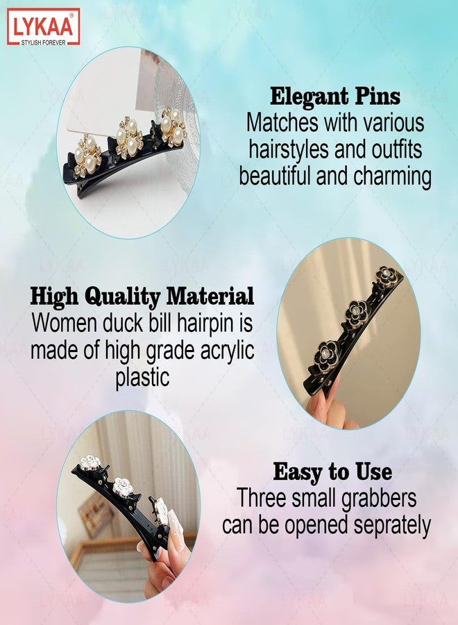 LYKAA 2 Pcs Stylish Pearl and Rhinestone Medium Size Hair Clips, Braid Duckbill Hair Clips Styling Hairpins Barrettes Hair Accessories for Girl & Womens Crystal Stone & Pearl Double Layers (Pack of 2, Black) - Image 3